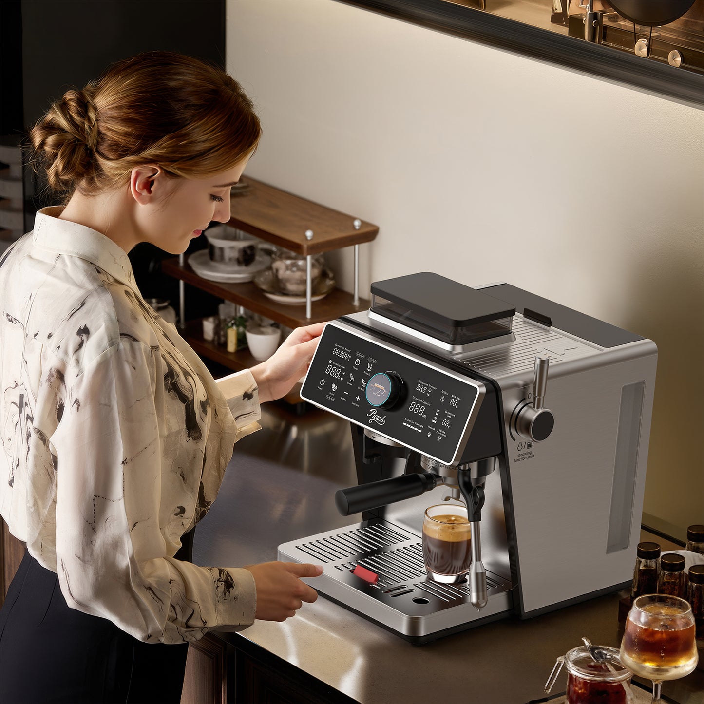PwZzk Dual Boiler Espresso Machine with Grinder & Steam Wand – Smart TFT Display, 58mm Portafilter, Professional Home Coffee Maker