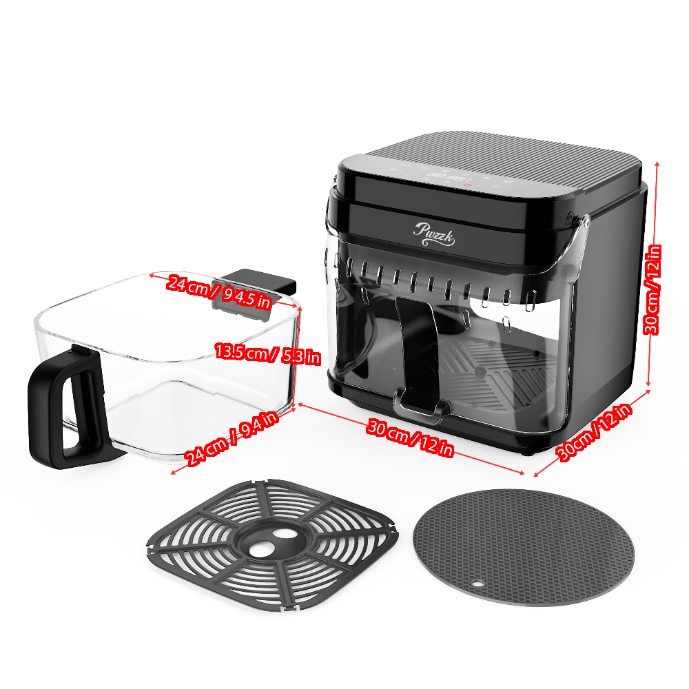 5.8QT glass basket air fryer with detailed dimensions, borosilicate basket, easy to clean