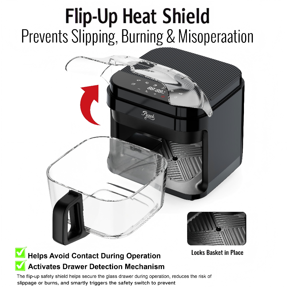 Glass basket air fryer with flip-up heat shield for safety and burn prevention