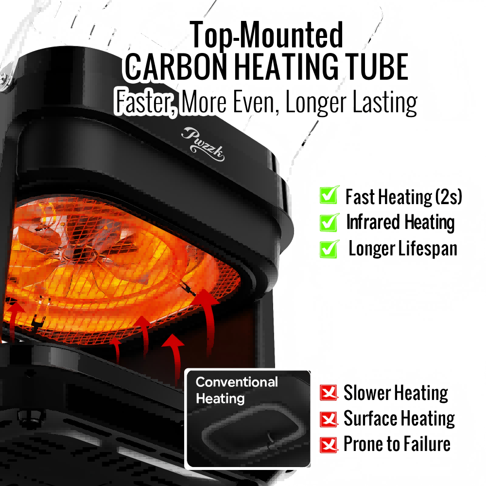 Top-mounted carbon heating tube in glass basket air fryer for fast and even cooking