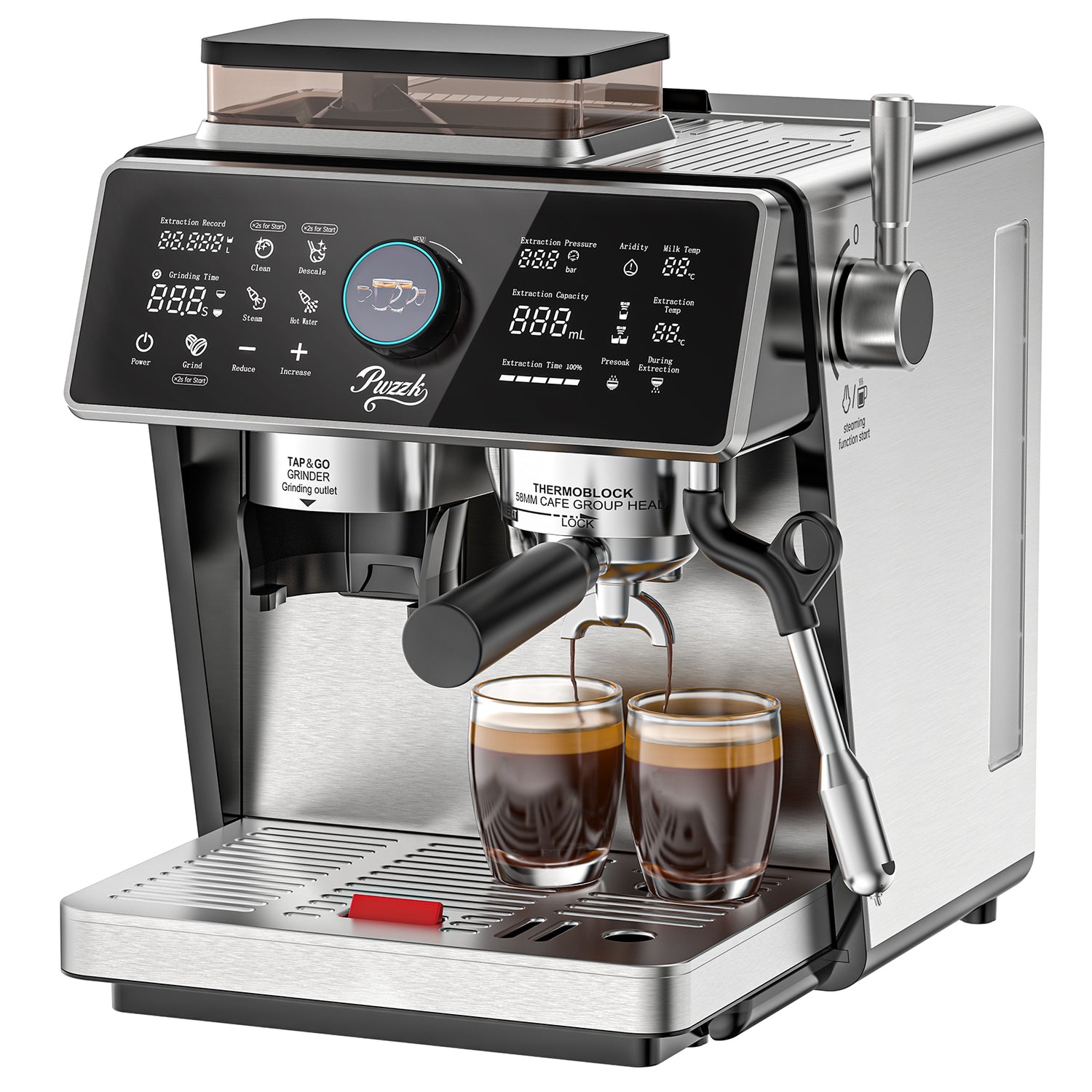 PwZzk Semi-Automatic Dual Boiler Espresso Machine with Built-In Grinder and TFT Display