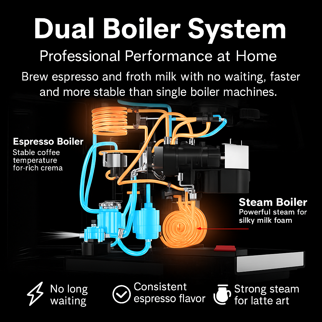 Dual Boiler Espresso Machine for independent brewing and steaming with stable temperature control