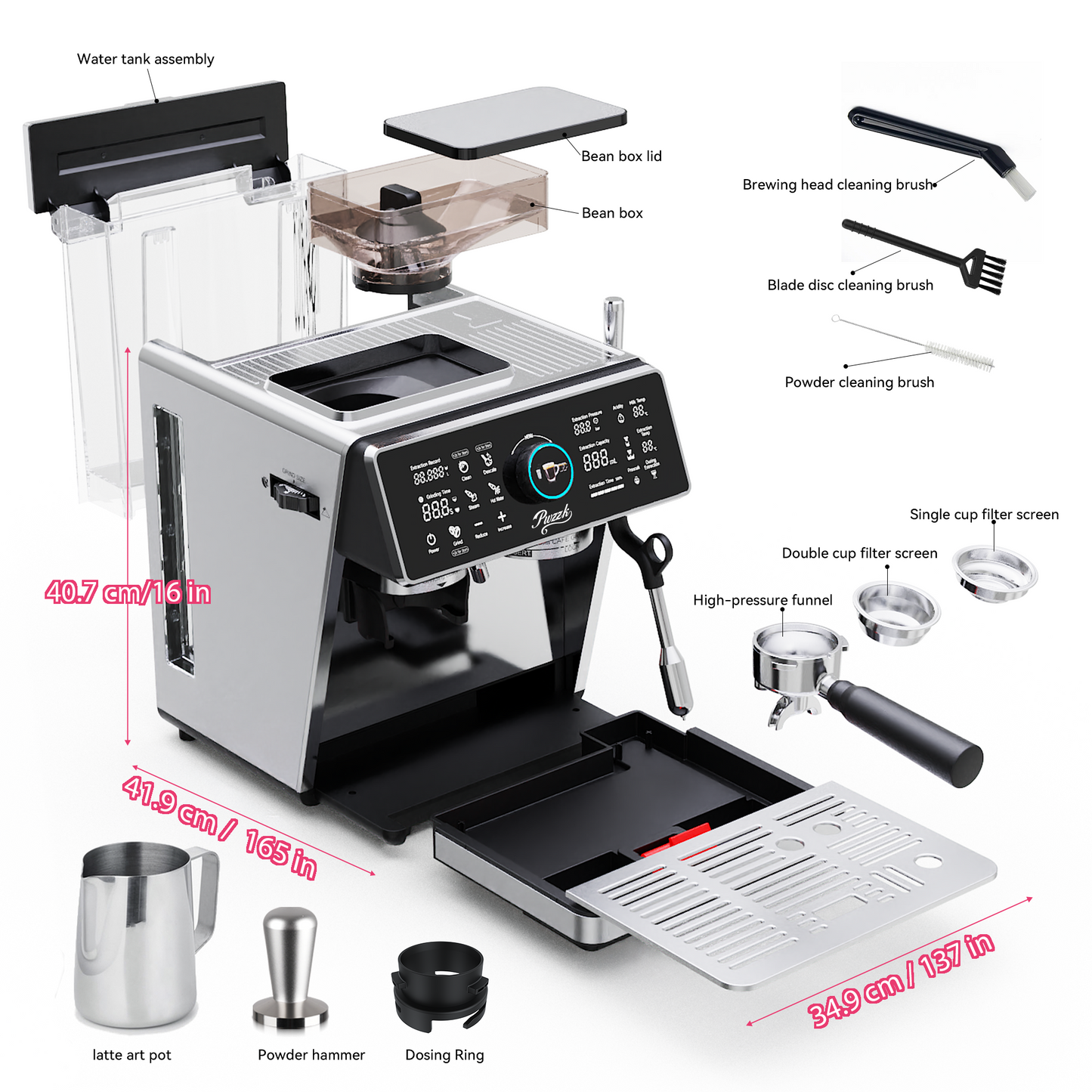 Espresso Machine Accessories including portafilter, tamper, and milk jug