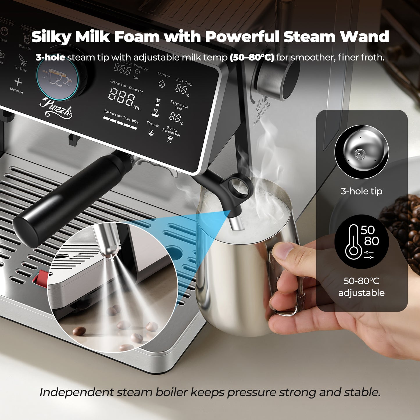 Stainless Steel Steam Wand creating silky milk foam for cappuccinos and lattes