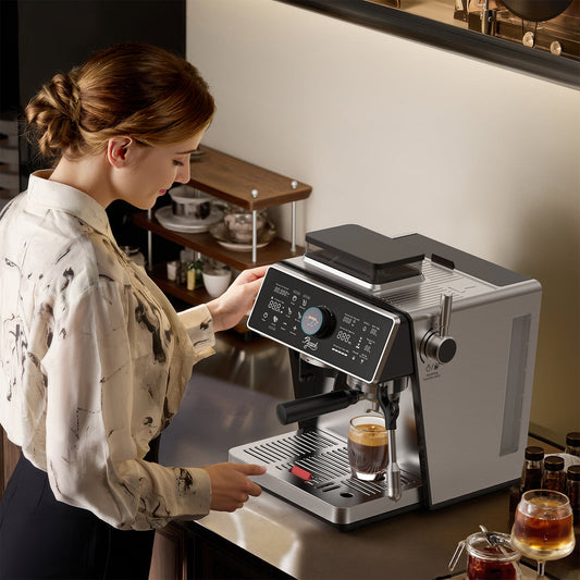 Home barista preparing coffee with PwZzk Dual Boiler Espresso Machine in kitchen