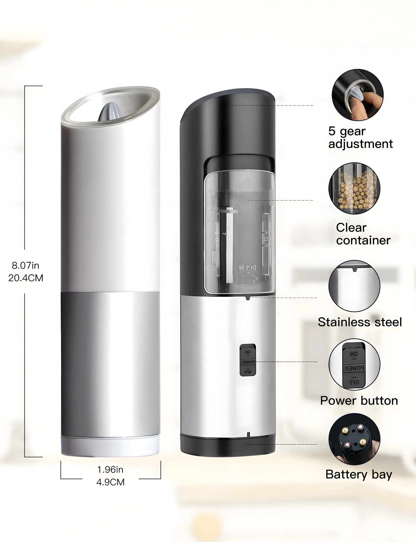 PwZzk Battery Operated Gravity Electric Salt And Pepper Grinder Set With White Light