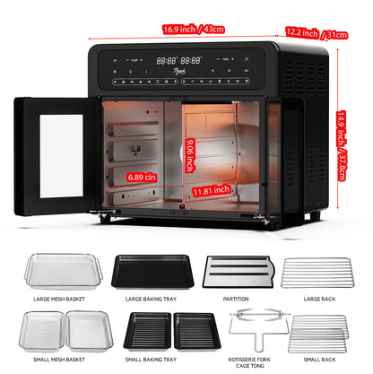 25.4 quart French door air fryer oven dimensions accessories mesh basket baking tray