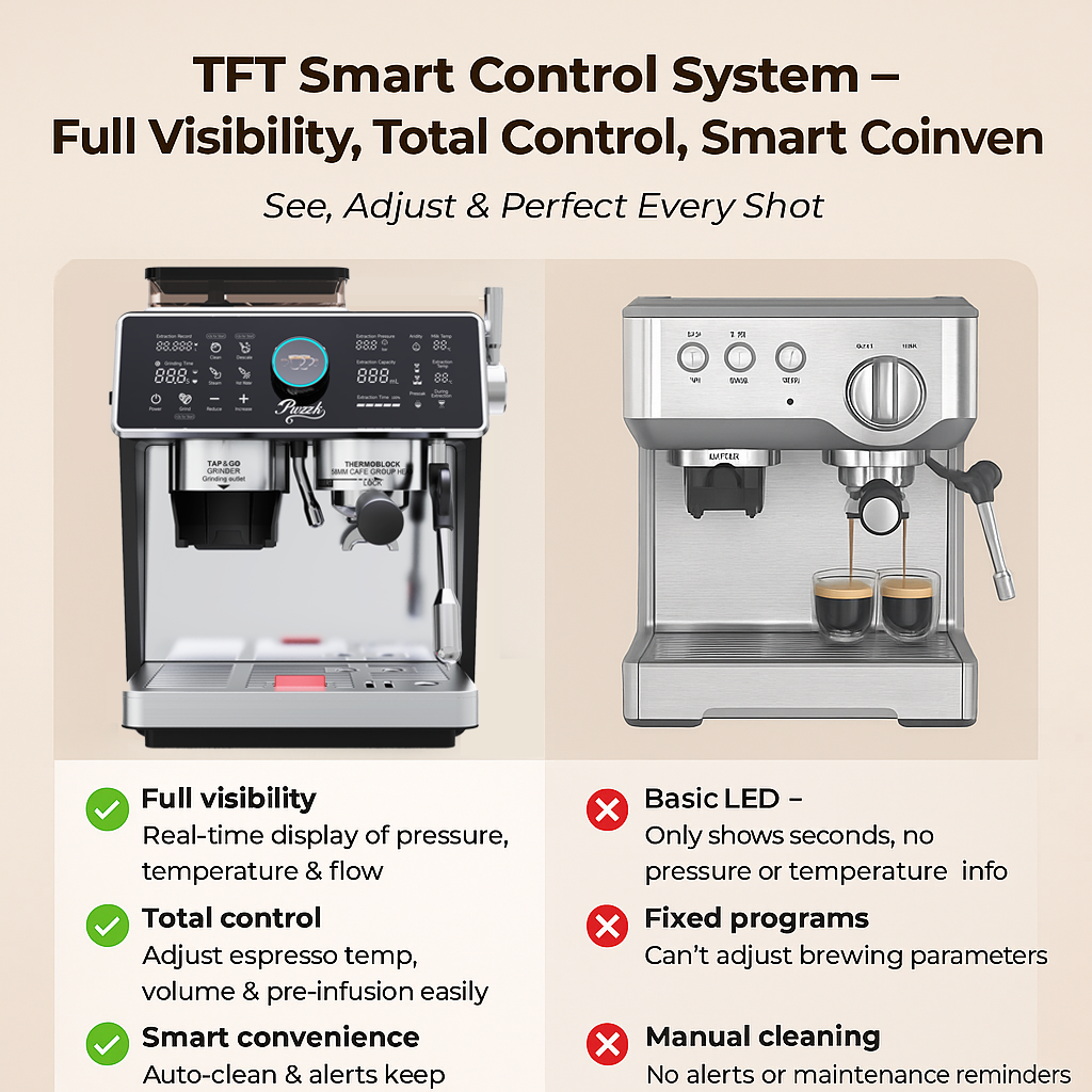 PwZzk Dual Boiler Espresso Machine with Grinder & Steam Wand – Smart TFT Display, 58mm Portafilter, Professional Home Coffee Maker