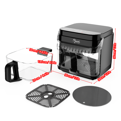 5.8QT glass basket air fryer with detailed dimensions, borosilicate basket, easy to clean