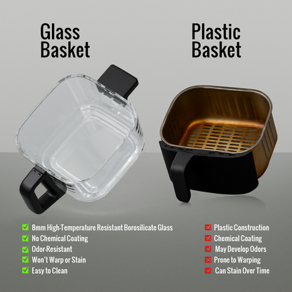 Comparison between borosilicate glass basket and plastic basket for air fryers