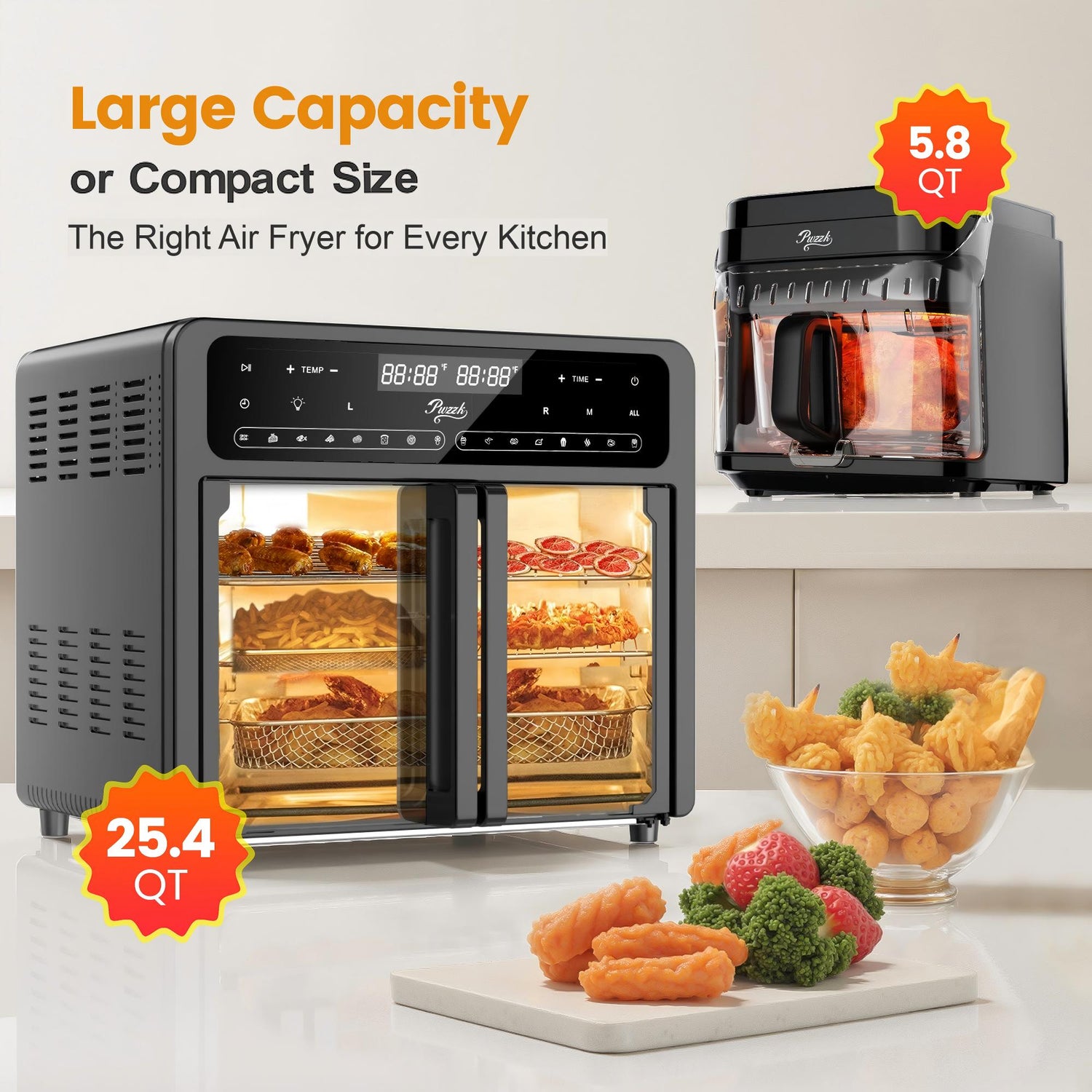 Comparison of 25.4QT large capacity air fryer and 5.8QT glass basket air fryer for different kitchen needs
