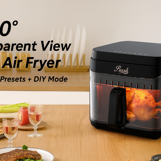 5.8QT glass air fryer with 360-degree transparent view, 6 cooking presets, and DIY mode for healthy cooking
