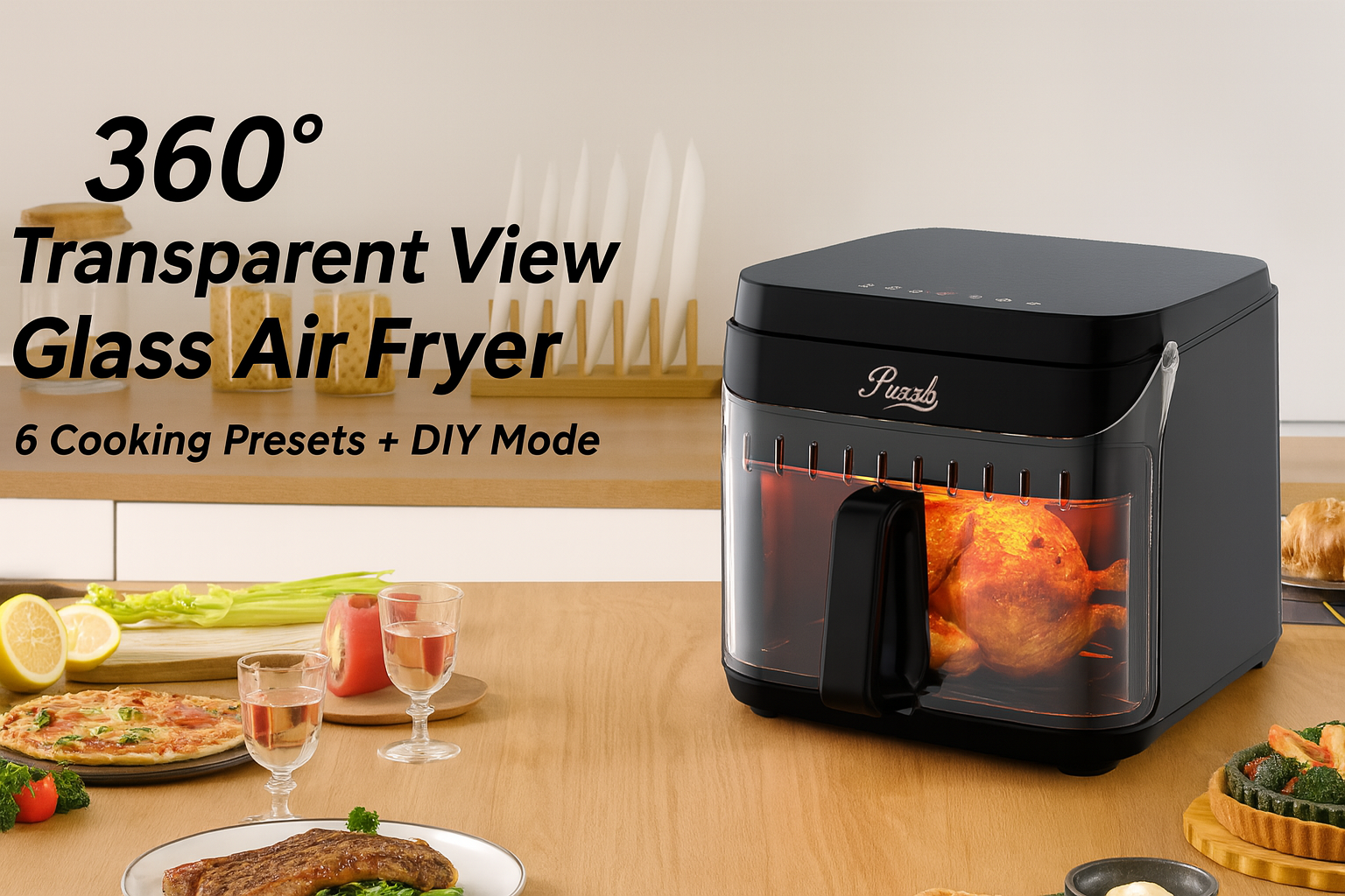 Load video: 5.8QT glass air fryer with 360-degree transparent view, 6 cooking presets, and DIY mode for healthy cooking

