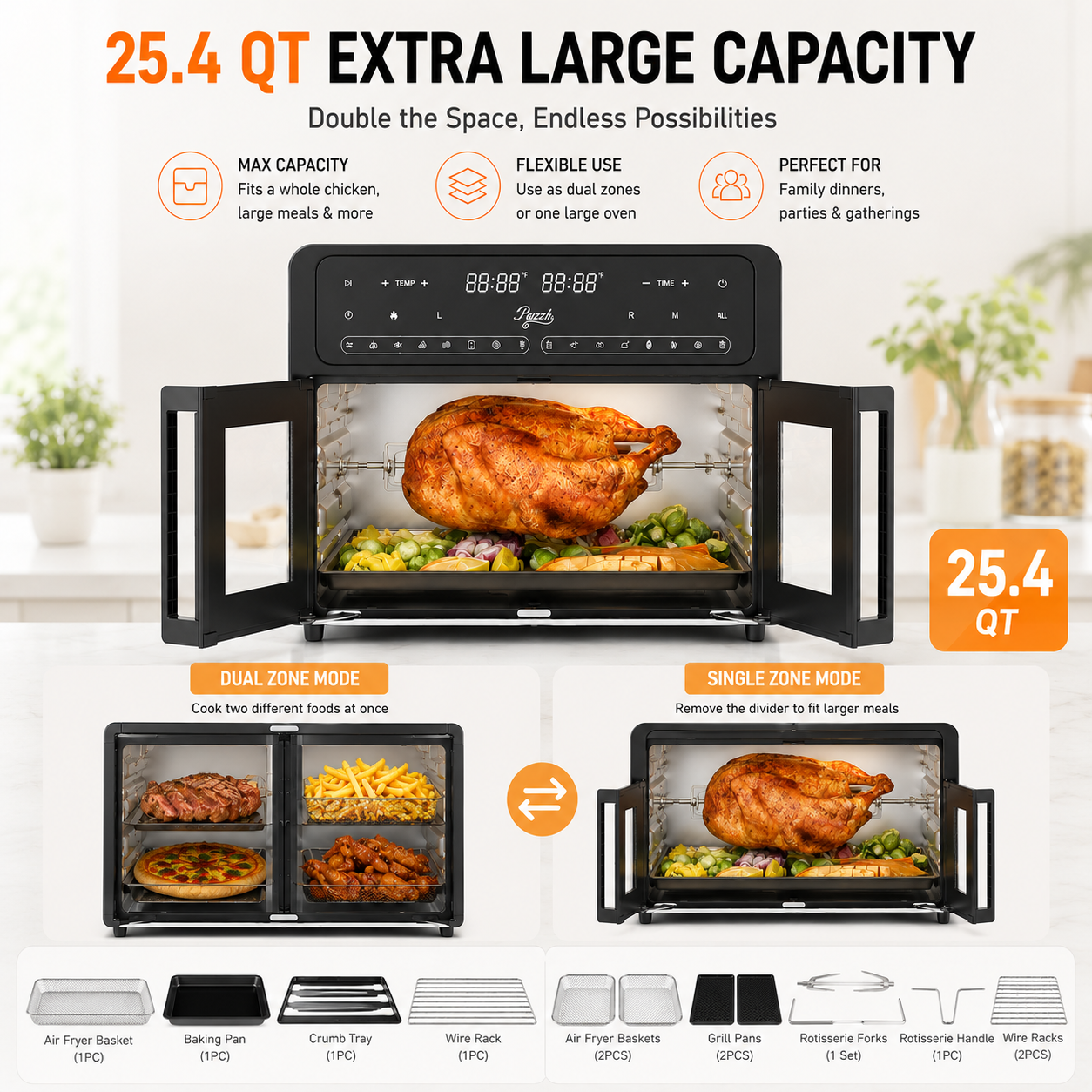 PwZzk 25.4QT dual zone French door air fryer oven showing large capacity, removable divider, dual zone mode, single zone mode, and included accessories.