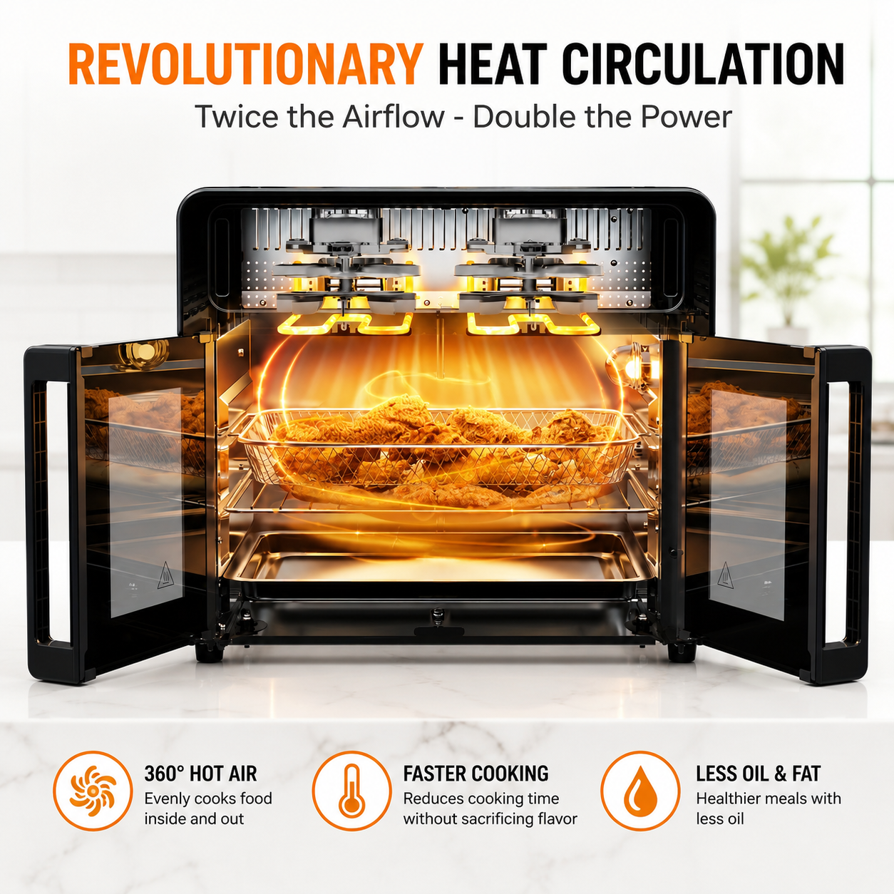 PwZzk 25.4QT French door air fryer oven with 360° hot air circulation for faster cooking and less oil.