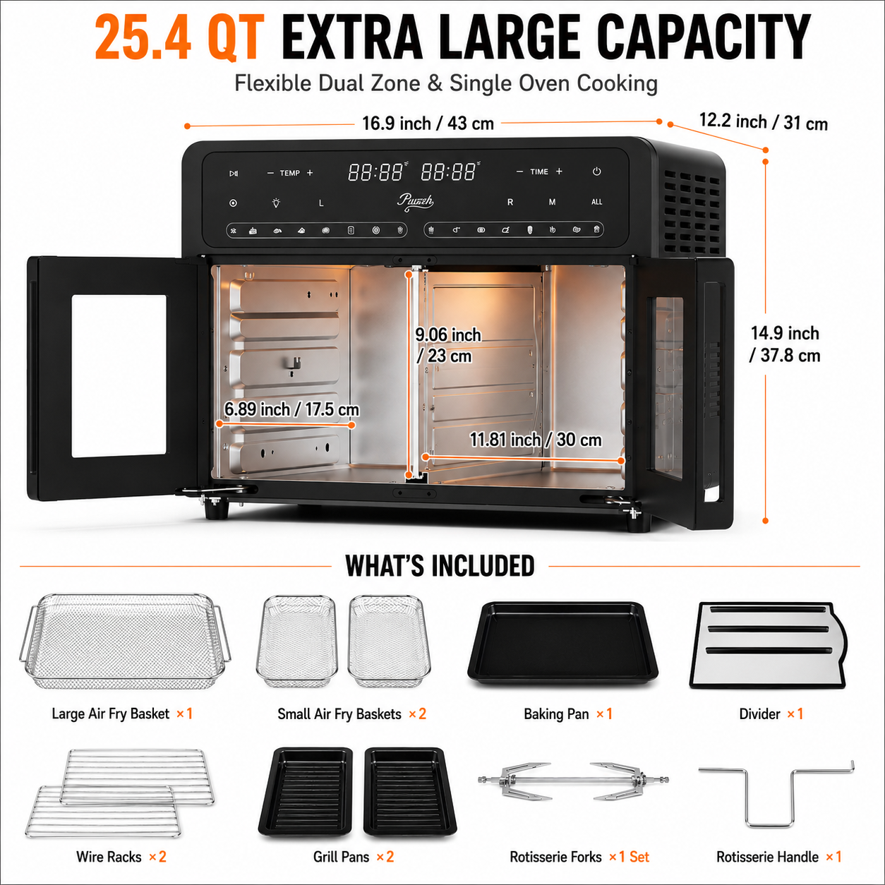PwZzk 25.4QT dual zone French door air fryer oven dimensions and included accessories, including air fry baskets, baking pan, divider, wire racks, grill pans, rotisserie forks and handle.