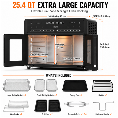 PwZzk 25.4QT dual zone French door air fryer oven dimensions and included accessories, including air fry baskets, baking pan, divider, wire racks, grill pans, rotisserie forks and handle.