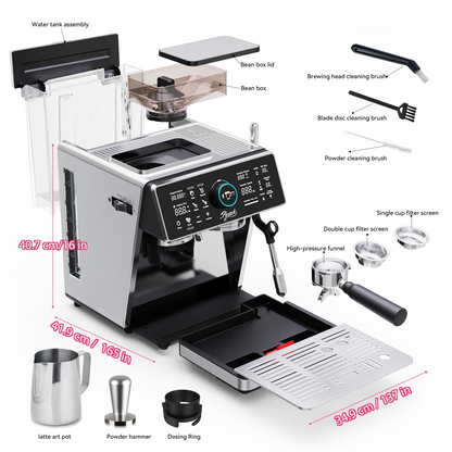 Espresso Machine Accessories including portafilter, tamper, and milk jug